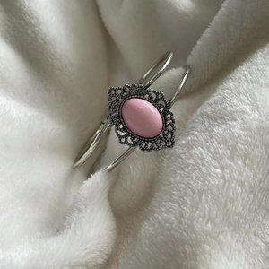 Vintage Pink Stone Silver Toned Hinged Bangle Bracelet